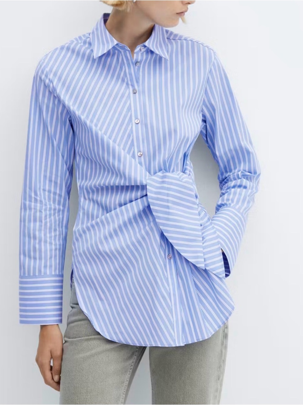 Mango Poplin Striped Knot Front Button Down Shirt Blue White Size M (6)